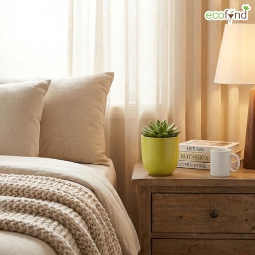Image of ecofynd 5 Inch Ceramic Plant Pots with Drainage Hole, Modern Decorative Clay Flower Pots for Indoor Plants, Home Garden Decor for Living Room, Bedroom & Interior Spaces (CPOT041-LGN)