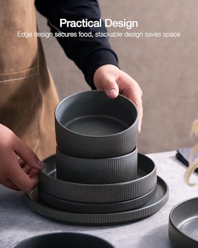 Image of Famiware Star Dinnerware Set with Mugs, Service for 6 (24 Pieces), Ribbed Stoneware Plates and Bowls Dishes Sets - Chip & Scratch Resistant, Microwave & Dishwasher Safe, Matte Dark Charcoal