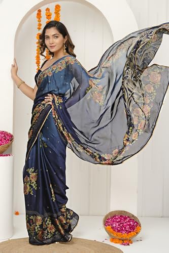 Image of MIRCHI FASHION Saree for Woman Chiffon Colorblock with Foil Work | Shimmer Festive Women's Sari for Wedding Functions and Ceremonies
