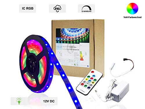 Ogeled IC RGB Farbwechsel 5m Lichtleiste mit IR Fernbedienung und Netzteil für Außen und Innenbereiche, IP65 Wasserfest, Selbstklebend (RGB, 5 Meter)