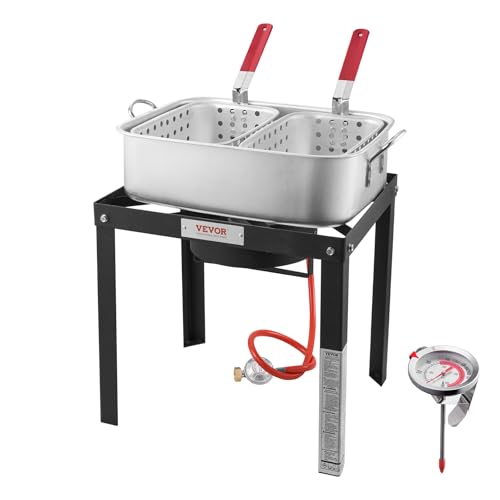 VEVOR Friggitrice per pesci e ali 13,27 l, kit di friggitrice a propano in alluminio, friggitrice esterna per frutti di mare con termometro, doppio cestello e bruciatori al propano da 58000 BTU, per