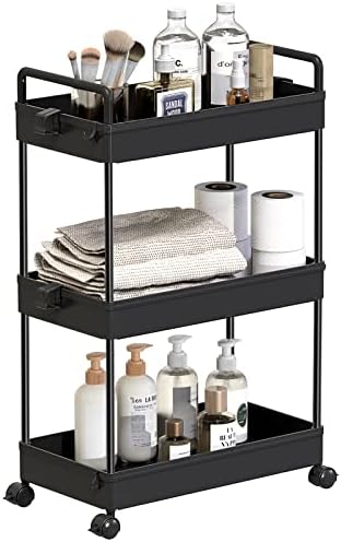 SOLEJAZZ Rolling Storage Cart, 3 Tier Utility Cart Mobile Slide Out Organizer, Bathroom Standing Rack Shelving Unit Organizer for Kitchen, Bathroom, Laundry Room, Black