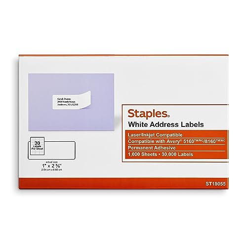 Staples Address Labels, 1" x 2‑5/8", White, Laser/Inkjet Compatible, Easy‑Peel, Permanent Adhesive, 30 Labels/Sheet, Bulk 60,000/Carton