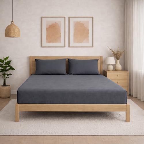 Image of THE HOME STYLE Solid Plain Cotton Feel Fitted Bedsheet (72x78 inches) with Reversible Comforter (90x100 inches) | King Size | 2 Pillow Covers | 300 TC | 4-Piece Bedding Set (Ash Grey)