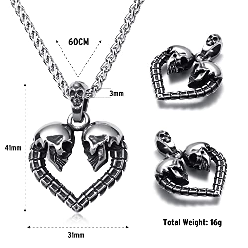 Kirtijw Skull Necklace For Men Stainless Steel Gothic Punk Biker Heart Skull Pendant Necklace Jewelry For Men Boys 60Cm #TOP3