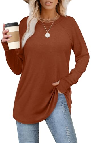 Image of XIEERDUO Womens Tunic Tops to Wear with Leggings Long Sleeve Thumb Hole Shirts Crew Neck Curved Hem