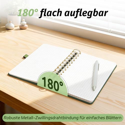 RITOLLO A5 Spiralnotizbuch mit PU-Leder Hardcover, 200 Seiten, 5x5 mm Kariert, Raster-Notizbuch für Arbeit, Studium & Planung (Salbeigrün)