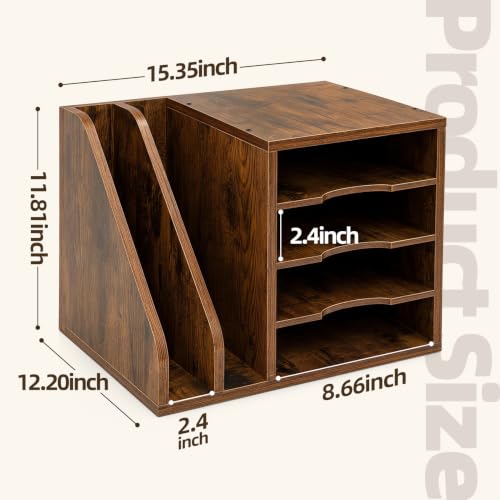 OUKMIC Wood Desk Organizer, 4-Tier Desktop File Organizer with 2 Side Slots, Desk Shelf Paper Organizer with Anti-Slip Pads, Easy Assembly Desk Accessories for Mail, Envelopes, Home Office, Brown - Image 2