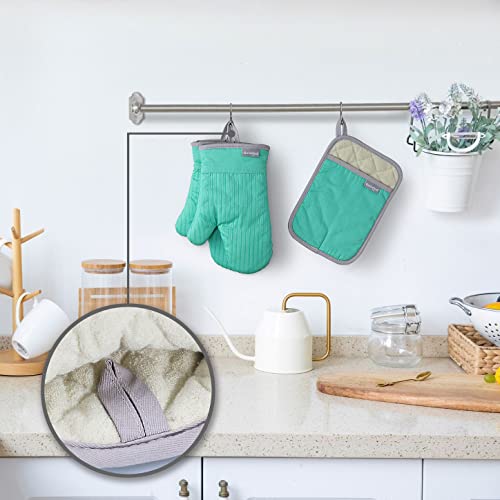 Coziselect Ofenhandschuhe, Hitzebeständige Topfhandschuhe und Topflappen Set, Silikon Anti-Rutsch Design, Geeignet für Kochen, Backen, Grillen, Grün