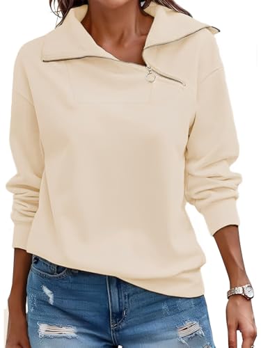 Cuptacc Bluzy damskie z zamkiem ćwierćdługim damski dekolt w serek topy z długim rękawem podstawowa casualowa bluza bez kaptura pullover, Morela, L