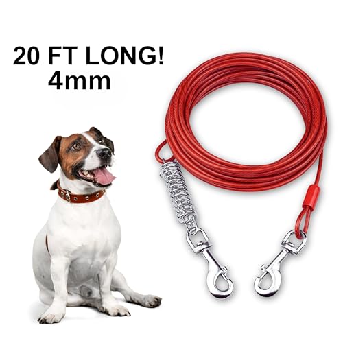 Foodie Puppies Extra Strong Red Tie-Out Cabel/Leash for Dogs (20 - Feet, 4mm) | Vinyl Coated Galvanized Leash, Tangle Resistant, Strong Grip with Safety Hooks
