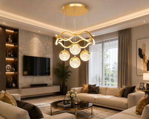 Image of Elegant Chandelier Ceiling Light for Living Room Hanging Pendant Light | Italian K9 Crystals | Metal Frame | Adjustable LED Light-Pack of 1 (4 Ball Light-Gold)