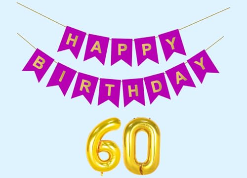 Image of 60th Happy Birthday Decoration Kit Purple for 60 year Old Men with Number Sixty Party Decorations Decor Celebration Items Item Set Combo Reusable Paper Banner