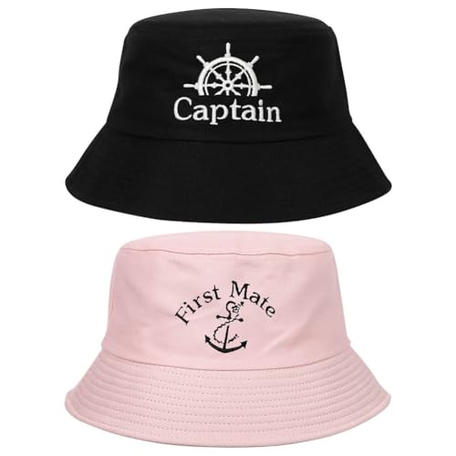 ZUYYON 2 Pcs Matching Captain Hat and First Mate Hats Skipper Boating Bucket Caps Nautical Marine Sailor Embroidered Sun Hat, Black, Pink, One Size