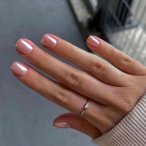 24pcs Short Square Glitter Aurora Pink Stick-on Nails - Solid Color Press-on Removable Glue-on Full Cover Fake Nails for Women Girls - Nail Art Accessories