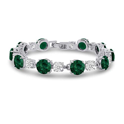 Kezef Silver Plated Brass Cz Tennis Bracelet - Round 8Mm Simulated Emerald & Round 5Mm White Cz-7 Inch #TOP5