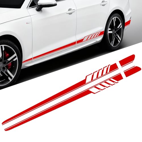 Image of 2PCS Car Side Skirt Decals, Auto Body Large Stickers, Waterproof PVC Racing Long Stripes Personalized Stickers, Car Stripe Stickers Decor Racing Accessories for Cars Trucks SUVs (Red)