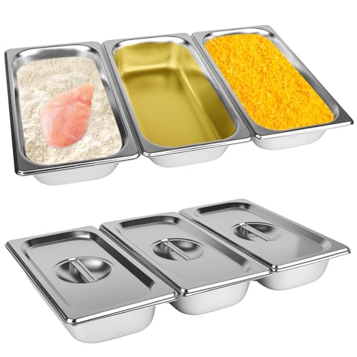 Rzspher Juego de 3 cuencos para empanar, 32,5 x 17,5 x 6,5 cm, recipiente GN 1/3, recipiente rectangular de metal con tapa de acero inoxidable para chuletas, carne, pescado