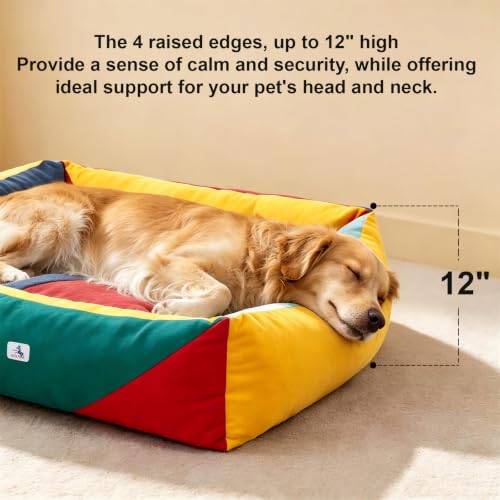 Image of Canvas Dog Bed, Cotton Dog Beds Large Sized Dog, Orthopedic Bed with Washable Removable Cover, Durable 290 GSM Cotton Anti-chewing Pet Bed with Anti-Slip Bottom (38 inchx30 inchx12 inch, Red&Yellow&Green)