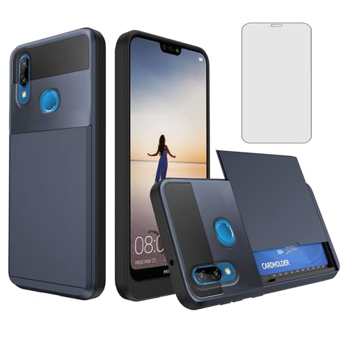 Image of Asuwish Phone Case for Huawei P20 Lite with Tempered Glass Screen Protector Cover and Card Holder Hybrid Full Body Protective Shockproof Cell Accessories Hawaii P20lite P 20 Nova 3E Men Navy Blue