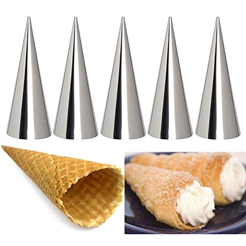 fancyU Cream Horn Molds, Large Size Cream Horn Forms Pack of 5 Stainless Steel Puff Pastry Cream Horn Mold Waffle Cone Pastry Roll Horn Croissant Mold