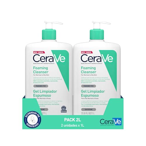 CeraVe Gel Limpiador Espumoso 2x 1 litro + muestra Cerave Facial 3ml, Para Piel Normal a Grasa, Elimina el Exceso de Grasa y Suciedad, Con Ceramidas, Niacinamida y Ácido Hialurónico, Rostro y Cuerpo