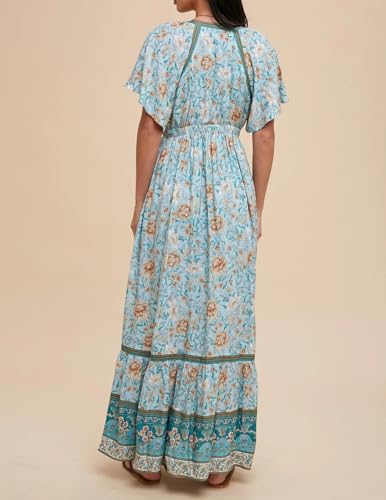 Image of R.Vivimos Women's Summer V Neck Maxi Dress Boho Floral Print Short Sleeve Elastic Waist Ruffle Patchwork A-Line Beach Dress