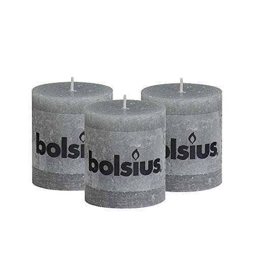 BOLSIUS Rustic Light Gray Unscented Pillar Candles - 2.75" X 3.25" Decoration Candles Set of 3 - Clean Burning Dripless Dinner Candles for Wedding & Home Decor Party Restaurant Spa- Aprox (80x68m)