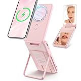 Irondance 5000mAh Wireless Magnetic Power Bank, for MagSafe Portable Charger with Stand, Light Makeup Mirror, Bluetooth Selfie & USB-C Cable for iPhone17/16/15/14/13/12 Pink Travel Essential for Women