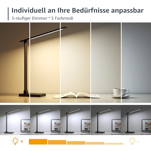 Lepro Schreibtischlampe, LED Tischlampe Dimmbar, Nachttischlampe 750LM 3 Farben und 5 Helligkeitsstufen, Tageslichtlampe, Tischleuchte, Schreibtisch Lampe für Kinder, Büro, Kunststoff, Schwarz