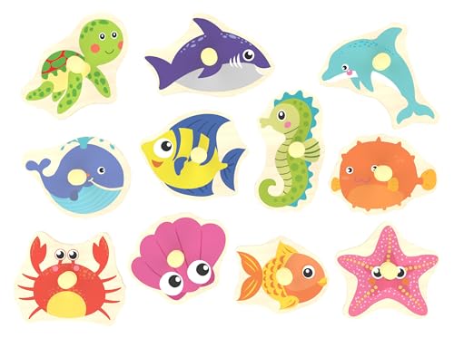Wooden Peg Puzzle, Sea Creature Chunky Baby Puzzles, Colorful Wood Shape Puzzle Peg Board, Animal Knob Puzzles for Educational Toddlers 18 Months and Up, 11 Pieces - Thumbnail 6