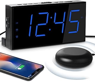 Mesqool Loud Alarm Clock with Bed Shaker for Deaf, Heavy Sleepers, Hearing Impaired,Dual Alarm,USB Phone Charger,Large LED Display,Big Snooze Button,DST 12/24H,Battery Backup, Adjustable Dimmer(Blue)