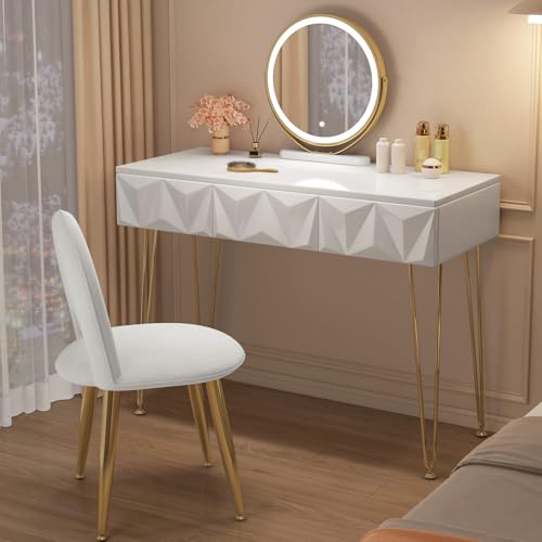 EUGAD Coiffeuse avec Miroir LED Réglable à 3 Niveaux, Table de Maquillage avec Chaise en Velours, avec 3 Tiroirs à Effet 3D en Bois Massif, Blanc+Doré,...