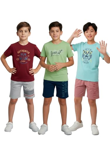 Image of HELLCAT Boys Dress Clothing Set Combo with Tshirts & Shorts - Pack 3