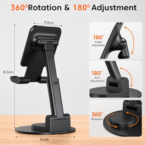 Image of Sounce Adjustable Mobile Stand for Desk | 360 Rotation, Stable Metallic Base | Portable Phone Holder Tripod for Recording | Compatible with Smartphone, Tablet, iPad & Kindle (Black)