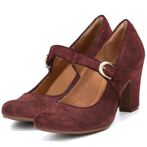 Image of SHODENSE Women Vintage Chunky High Heel Mary Jane Shoes Round Closed Toe Ankle Strap Dress Sandals 3 inch Block Heels Mary Jane Lolita Pumps Two-Toned Patchwork Buckle Office Lady Wedding Retro 4-11 M US