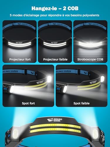 Smiling Shark Lampe Frontale, 2 Pièces Lampes Frontales LED Rechargeable Ultra Puissante avec 2 Faisceau Large & Spot Réglable Détecteur de Mouvement 2400 mAh 5 Modes pour Randonnée Pêche Camping – vue 3