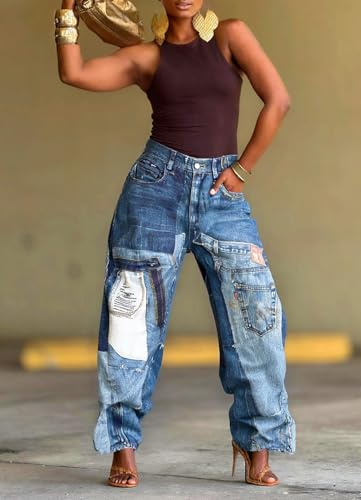 Women Blue Denim Jeans High Waist Vintage Patchwork Jeans Straight Wide Leg Stretch Barrel Horseshoe Baggy Trousers3