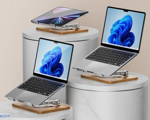 Image of FKU Wooden Laptop Stand | Mechanical Base 360 Rotating Adjustable Height Notebook Stand | Compatible Portable Desktop Bamboo Aluminum and Wooden Portable Laptop Stand with Lifting Base Holder
