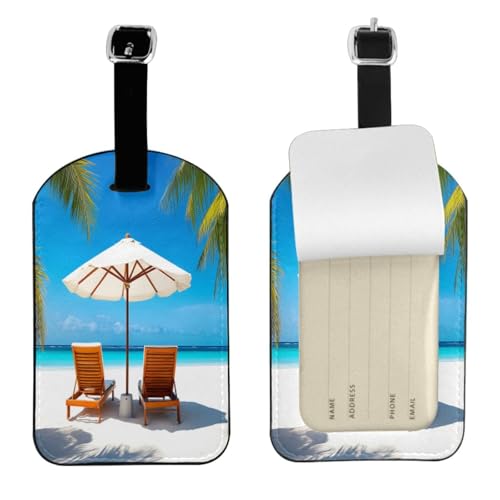 UESEU Tropical Beach Luggage Tag for Suitcases,Palm Tree Chair PU Leather Baggage Tags Bag Tags Travel Id Label for Luggage Women Men -1 Piece