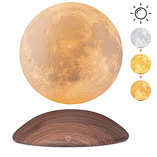 Levitating Moon Lamp, Night Light, Floating and Spinning in Air, 3 Colors Modes Magnetic Moon Lamp with Wooden Touch Base, Floating Moon Lamp, 3D Moon Light Lamp for Office/Home/Unique Holiday Gifts