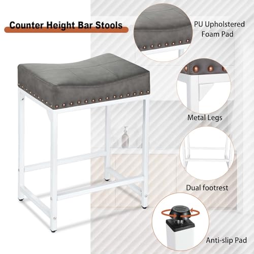 Bar Stools Set of 2, Counter Height Bar Stools with Soft Cushion Bar Stools ​and Barstools Steel Frame, 24" Modern Saddle Stool for Bar, Stools for Kitchen Counter Support 300 LBS (Grey+White) by FLYZC - Image 4