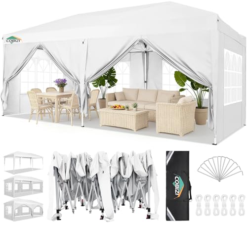 COBIZI Canopy 10x20 Pop Up Canopy Tent with 6 Sidewalls Party Tents for Parties Weddings Backyard Waterproof Outdoor Commercial Event Tent with Stakes, Ropes, White
