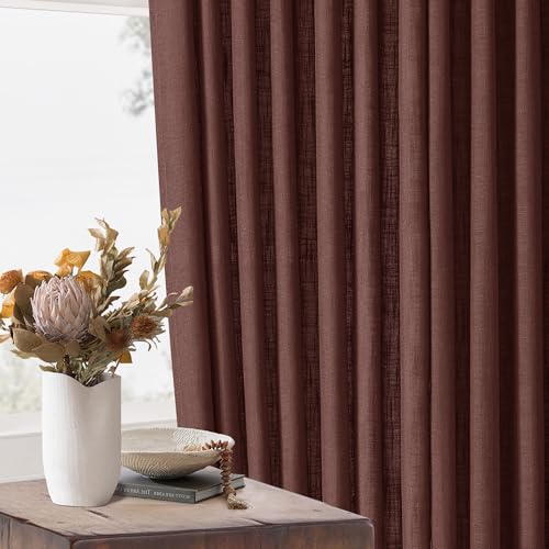 Image of Reddish Brown Pinch Pleated Linen Cafe Curtains 45 Inch Length 2 Panels for Dining Room Kitchen Bedroom Semi Sheer Pleat Drapes with Hooks Rings Light Filtering Short Window Curtain Cabinet 40x45