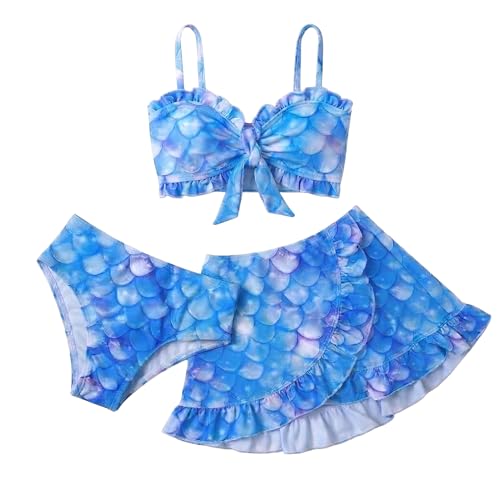 Image of Girls Mermaid Swimsuit 3 Piece Bathing Suits, Adjustable Ruffled Bikini Top, with Cover up Skirt Fish Scale Design for 3-10Y