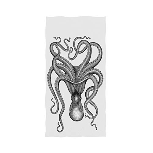Naanle Chic Octopus Engraving Print Soft Bath Towel Highly Absorbent Large Hand Towels Multipurpose for Bathroom, Hotel, Gym and Spa (16  x 30 ,White Black)