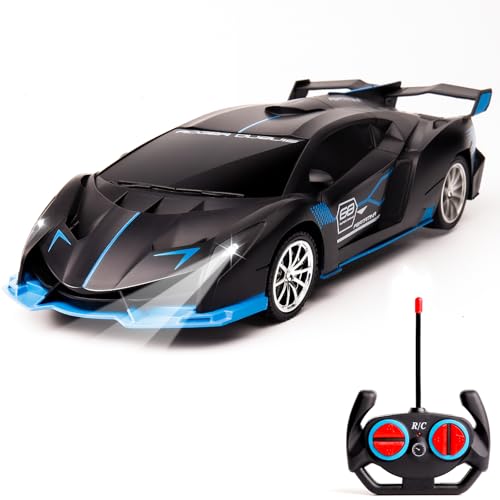KULARIWORLD Remote Control Car for Boys Fast 1/18 Scale Rechargeable RC Vehicle Cars Toys Xmas Gifts for Kids High Speed with Headlights (Black Blue)