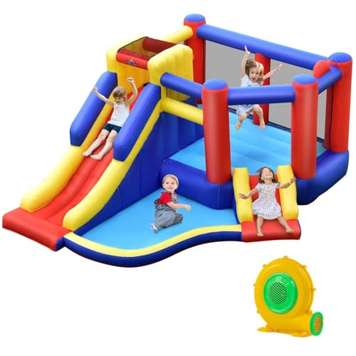 HONEY JOY Inflatable Bounce House with Large Jumping Area, Dual Slide, Ball Pit, Climb Wall, Basketball Hoop, Indoor Outdoor Giant Jumping Bouncy Castle Dry & Wet Use for Kids (with 550W Blower)