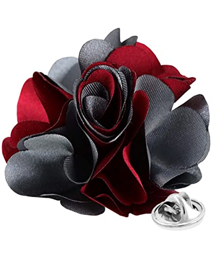 Vittorio Vico Two-Tone Flower Lapel Pin - Brooch, Boutonniere for Men (Burgundy/Silver Grey)