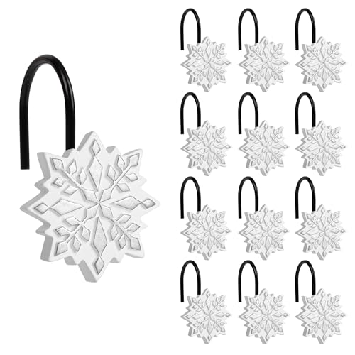 Sunlit Christmas Shower Curtain Hooks, Silver Snowflakes Shower Curtain Rings with Black Hooks, Resin, White and Silver Christmas Decor, Winter Bathroom Decoration, Set of 12